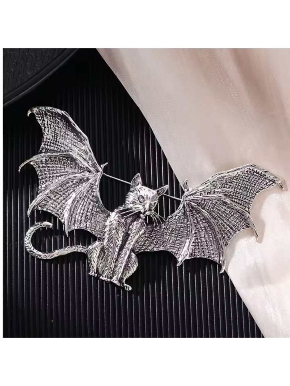 Vintage Wings Bat Cat Silver Brooch